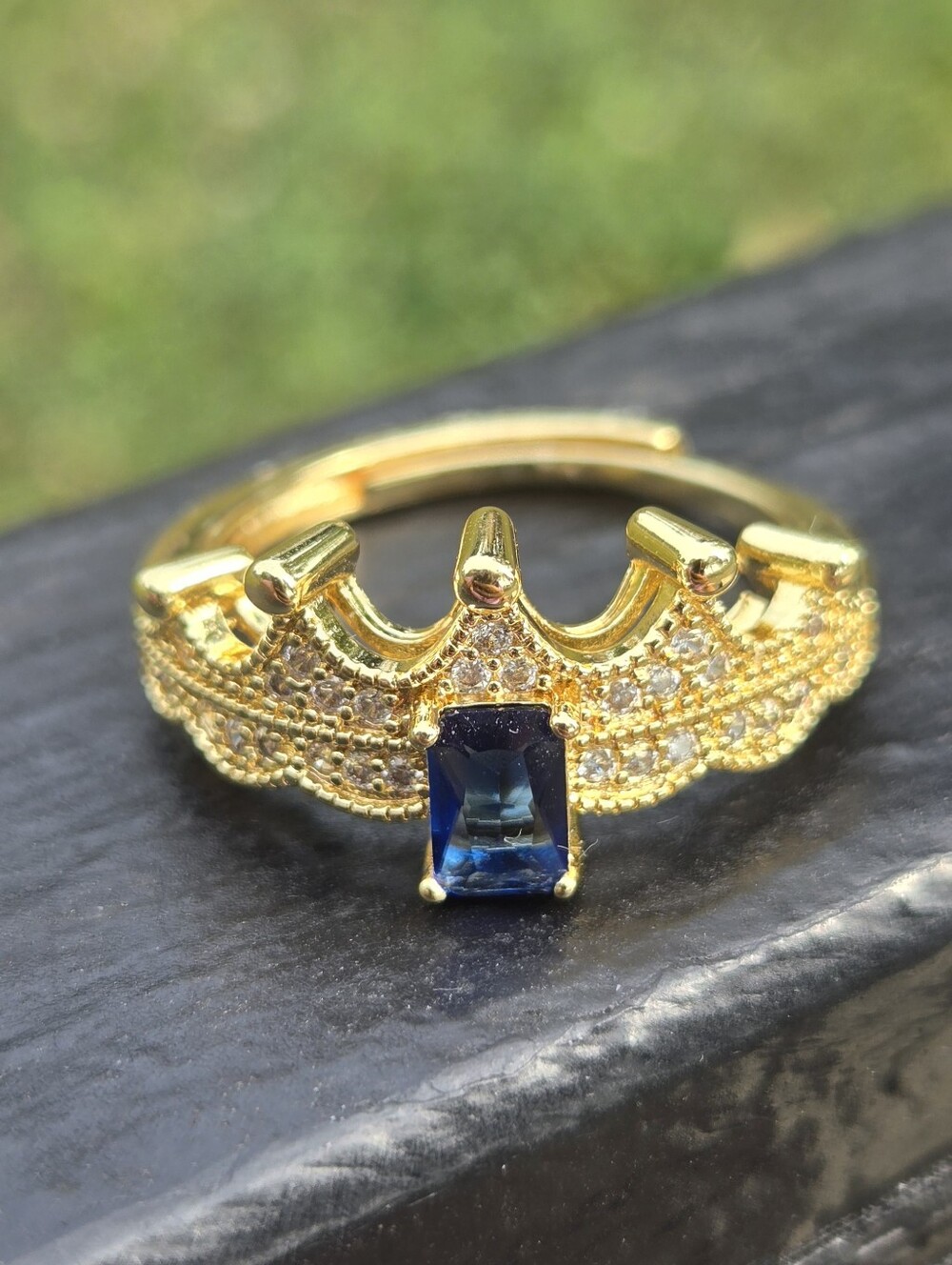 Gold Tiara Crown Ring Sapphire Blue Crystal Adjustable